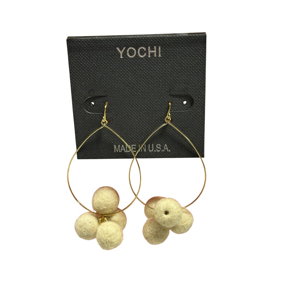 YOCHI Teardrop Pom Pom Cream Wool Gold Tone Large 3" Drop Pierced